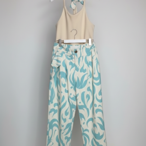 Conjunto Niña X2 - Blusa Tiras Beige/Pantalón Estampado Aqua